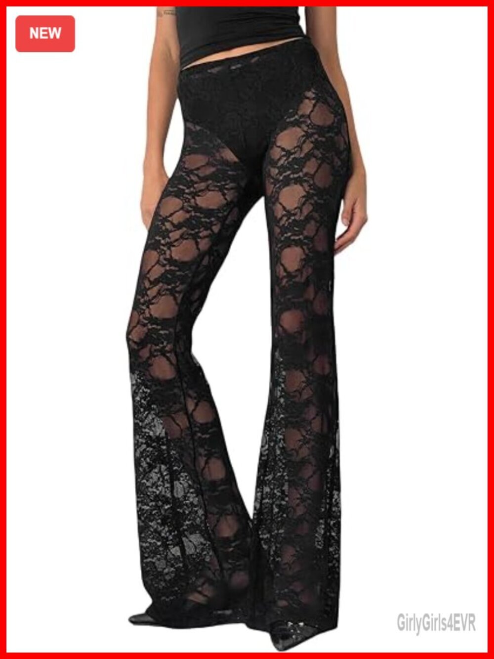 Lace Floral Bell Bottom Mesh Leggings See Through Flare Pants Cover Up
